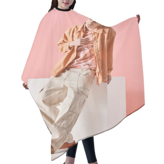 Personality  Fashion Image Of Stylish Man In Beige Shirt, Pants And Boots On White Cube On Pink Backdrop Hair Cutting Cape
