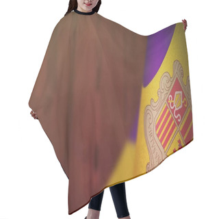 Personality  Andorra Flag For Honour Of Veterans Day Or Memorial Day. Glory To The Andorra Heroes Of War Concept On Red Blurred Natural Wood Wall Background. Hair Cutting Cape
