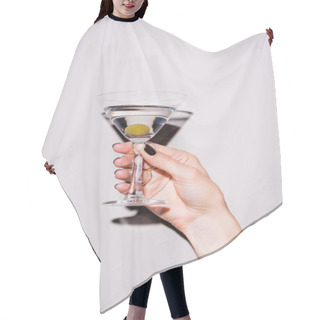 Personality  Cropped View Of Woman Holding Glass Of Martini With Olive On White Hair Cutting Cape
