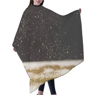 Personality  Selective Focus Of Bright Sparkles Falling On White Table Isolated On Black  Hair Cutting Cape