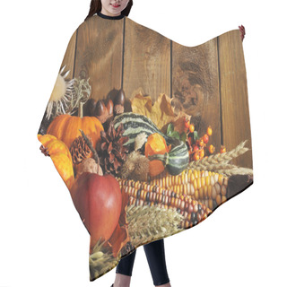 Personality  Thanksgiving - Different Pumpkins With Nuts,berries And Grains Before A Wooden Wall Hair Cutting Cape