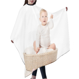 Personality  Child With Raised Hand Sitting On Blanket In Basket With Easter Eggs Around On White Background Hair Cutting Cape