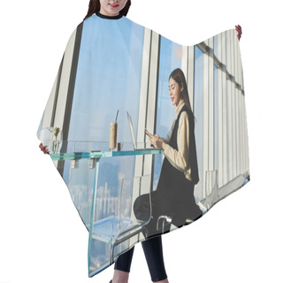 Personality  Asian Entrepreneur Woman Is Sitting In Loft With Contemporary Interior And Big Window Hair Cutting Cape