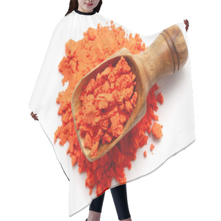 Personality  Top View Of A Wooden Scoop Filled With Auspicious Orange-colored Sindoor (vermilion) Isolated On A White Background. Hair Cutting Cape