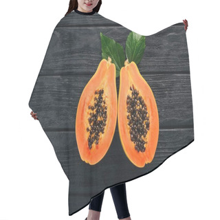 Personality  Papaya. Tropical Fruits. On A Wooden Background. Top View. Copy Space. Hair Cutting Cape