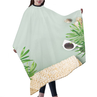 Personality  Tropical Leaves And Beach Bag With Sunglasses On Green Background.  Hair Cutting Cape