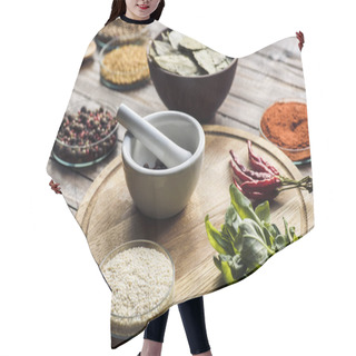 Personality  Pestle And Mortar With Basil And Chili Peppers Hair Cutting Cape