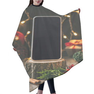 Personality  Smartphone With Blank Screen On Wooden Stump With Christmas Decor Hair Cutting Cape