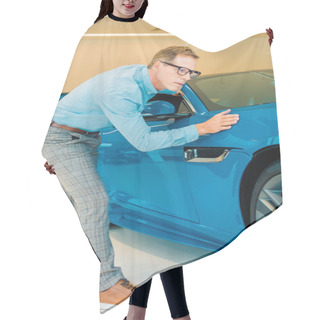 Personality  Attractive Adult Man Touching Luxury Sport Car At Showroom Hair Cutting Cape