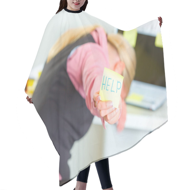 Personality  Tired Business Woman Showing Sticky Note With Help Word Hair Cutting Cape