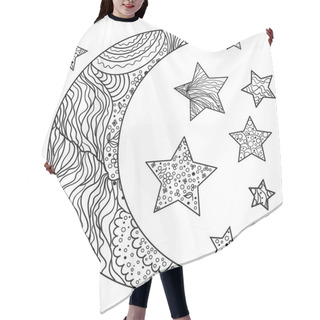 Personality  Crescent On White. Moon And Stars With Abstract Patterns On Isolation Background. Zentangle. Design For Spiritual Relaxation For Adults. Black And White Illustration For Anti Stress Colouring Page Hair Cutting Cape