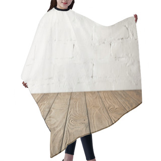 Personality  Brown Wooden Tabletop And White Wall With Bricks Hair Cutting Cape