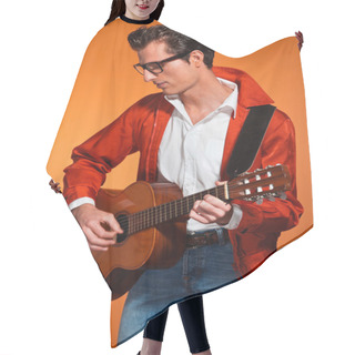 Personality  Retro Fifties Musician With Glasses Playing Accoustic Guitar. St Hair Cutting Cape
