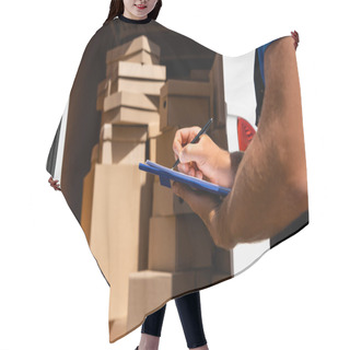 Personality  Cropped View Of Loader Writing On Clipboard Beside Cardboard Boxes In Truck Outdoors  Hair Cutting Cape