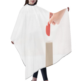 Personality  Cropped View Of Female Hand Putting Red Heart In Box On White Background, Donation Concept Hair Cutting Cape
