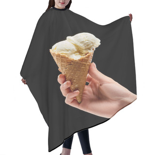 Personality  Cropped View Of Woman Holding Delicious Vanilla Ice Cream In Crispy Waffle Cone Isolated On Black  Hair Cutting Cape