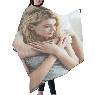 Personality  Cropped View Of Man Hugging Attractive Blonde Girlfriend  Hair Cutting Cape
