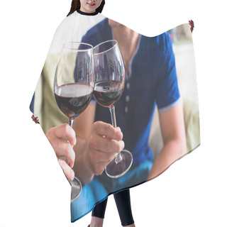 Personality  Romantic Young Couple Toasting With Red Wine While Sitting On Th Hair Cutting Cape