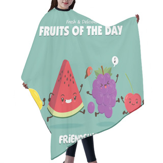 Personality  Vintage Food Poster Design With Vector Lemon, Water Melon, Grapes, Cherry Character. Hair Cutting Cape