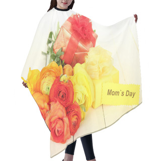 Personality  Ranunculus (persian Buttercups) And Gifts For Mothers Day, On White Wooden Background Hair Cutting Cape