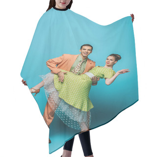 Personality  Handsome Dancer Supporting Girl While Dancing Boogie-woogie On Blue Background Hair Cutting Cape