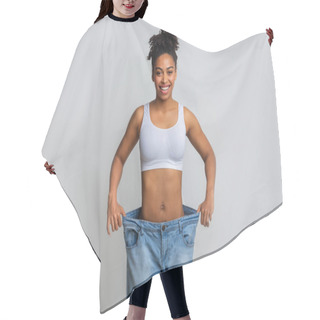 Personality  Happy Young Woman With Too Large Jeans Hair Cutting Cape