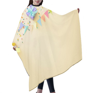 Personality  Top View Of Festive Colorful Confetti And Gift Boxes On Beige Background Hair Cutting Cape