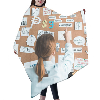 Personality  Cropped View Of Businesswoman Pointing With Finger At Marketing Lettering On Notice Board Hair Cutting Cape