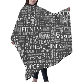 Personality  FITNESS. Seamless Vector Pattern With Word Cloud. Hair Cutting Cape