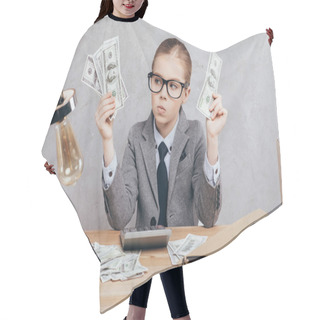 Personality  Pensive Child Holding Money In Hands Hair Cutting Cape