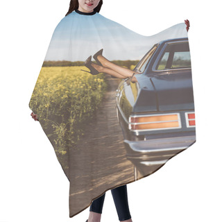 Personality  Freedom Car Travel Concept - Woman Relaxing With Feet Out Of Window In Cool Vintage Car.. Freedom, Travel And Vacation Road Trip Concept Lifestyle Image Hair Cutting Cape