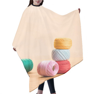 Personality  Colorful Cotton Knitting Yarn Balls On Wooden Table Isolated On Beige With Copy Space Hair Cutting Cape