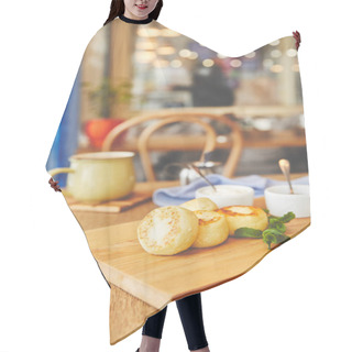 Personality  Cheese Pancakes Served With Coffee In Cafe Hair Cutting Cape