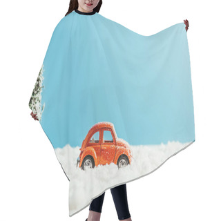 Personality  Side View Of Toy Vehicle Riding By Snow Made Of Cotton On Blue Background Hair Cutting Cape