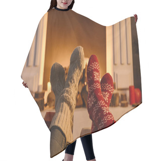 Personality  Cropped View Of Women Wearing Winter Socks With Fireplace On Background Hair Cutting Cape