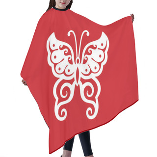Personality  Butterfly Motif Or White Butterfly Isolated On Red Background.  Hair Cutting Cape