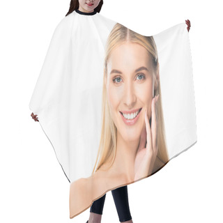 Personality  Naked Smiling Blonde Woman With White Teeth Touching Face Isolated On White Hair Cutting Cape