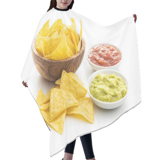 Personality  Corn Nacho Chips With Avocado And Tomato Dip.  Hair Cutting Cape