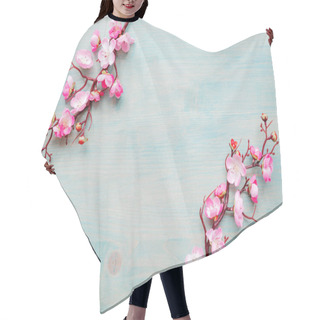 Personality  Pink Cherry Flowers On Blue Wooden Background Hair Cutting Cape