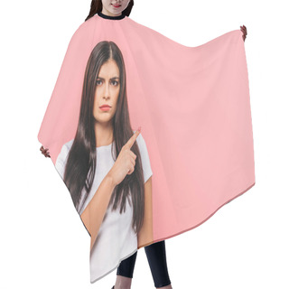 Personality  Sad Pretty Brunette Girl Pointing With Finger At Copy Space Isolated On Pink Hair Cutting Cape