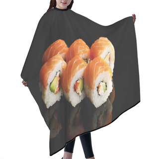 Personality  Delicious Philadelphia Sushi With Avocado, Creamy Cheese, Salmon And Masago Caviar Isolated On Black Hair Cutting Cape