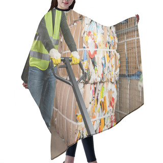 Personality  Cropped View Of Male Sorter In Protective Gloves And Vest Using Hand Pallet Truck While Working Near Waste Paper In Blurred Garbage Sorting Center, Waste Sorting And Recycling Concept Hair Cutting Cape