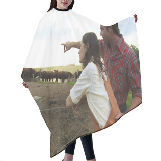 Personality  Couple Pointing At Herd Of Bulls Hair Cutting Cape