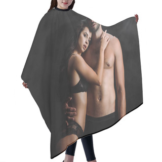 Personality  Young Woman Hugging Sexy Shirtless Man On Black With Smoke  Hair Cutting Cape