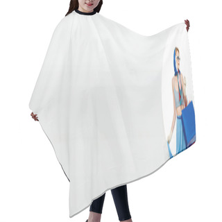 Personality  Panoramic Shot Of Trendy Woman In Headscarf And Gloves Holding Blue And Red Shopping Bags Near Circle On White Background  Hair Cutting Cape