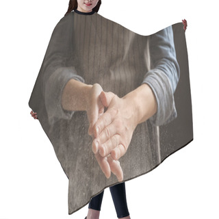 Personality  Woman Clapping Hands And Sprinkling Flour On Black Background Hair Cutting Cape
