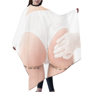 Personality  Cropped View Of Plastic Surgeon In Latex Glove And Patient In Panties With Marks On Body Isolated On White Hair Cutting Cape
