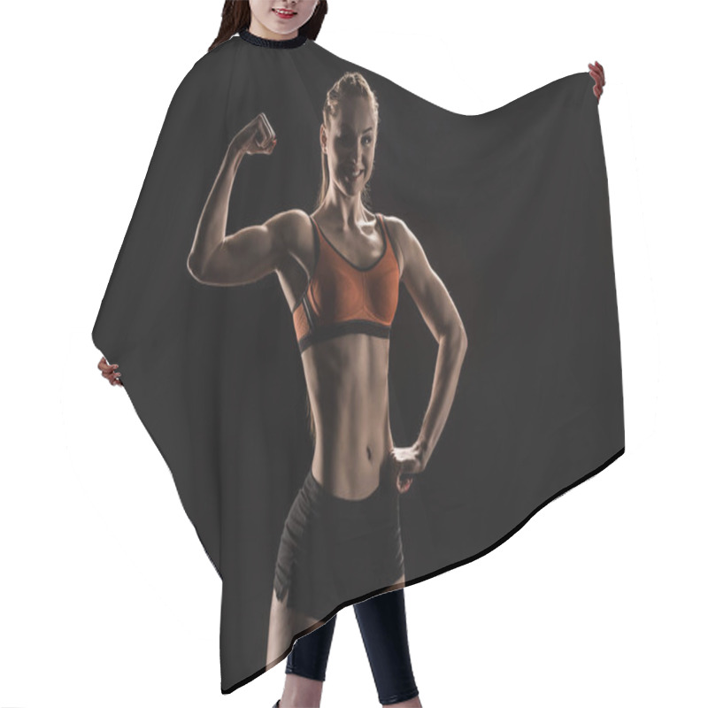 Personality  Young Smiling Sportswoman Flexing Biceps Hair Cutting Cape