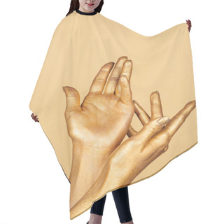 Personality  Partial View Of Female Painted Hands Isolated On Gold Hair Cutting Cape