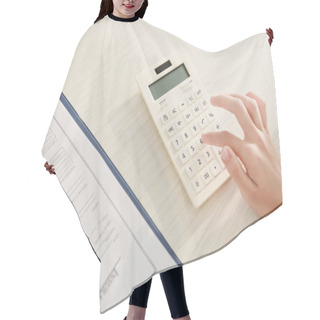 Personality  Cropped View Of Woman Counting Finances On Calculator At Table With Insurance Claim Form Hair Cutting Cape